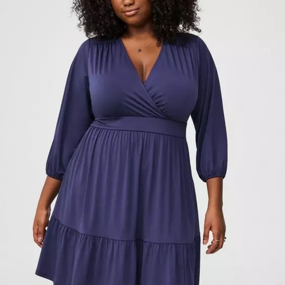 NWT Navy Blue Studio Knit Surplice Tiered Mini Dress | Long Sleeve Size 2 - Picture 2 of 5